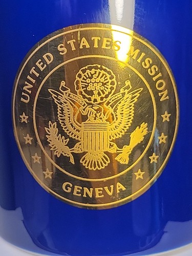 UNITED STATES MISSION GENEVA Cobalt Blue COFFEE MUG GOLD LOGO MINT 2 Available - Picture 7 of 7