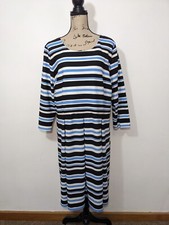 Lane Bryant Size 22 White Blue/Black Striped 3/4 Sleeve Dress Pleated