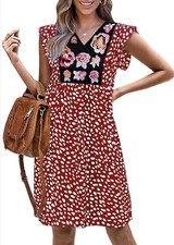 Kirundo Women’s Red Embroidered V-Neck Summer Mini Boho Lined Dress Size Small