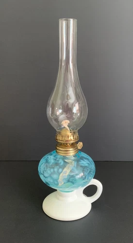 Antique Fenton Blue Opalescent Daisy & Fern Oil Lamp Milk Glass Base Finger Loop