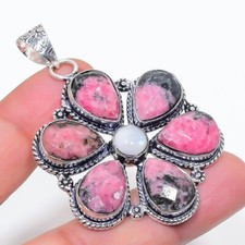 Pink Rhodonit Gemstone Handmade 925 Sterling Silver Jewelry Pendant Size 2.6"