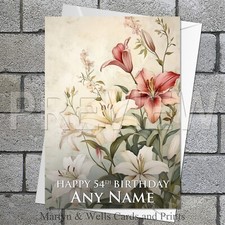 Lillies birthday card. 5x7 inches. Lily art. Personalised card, plus envelope.