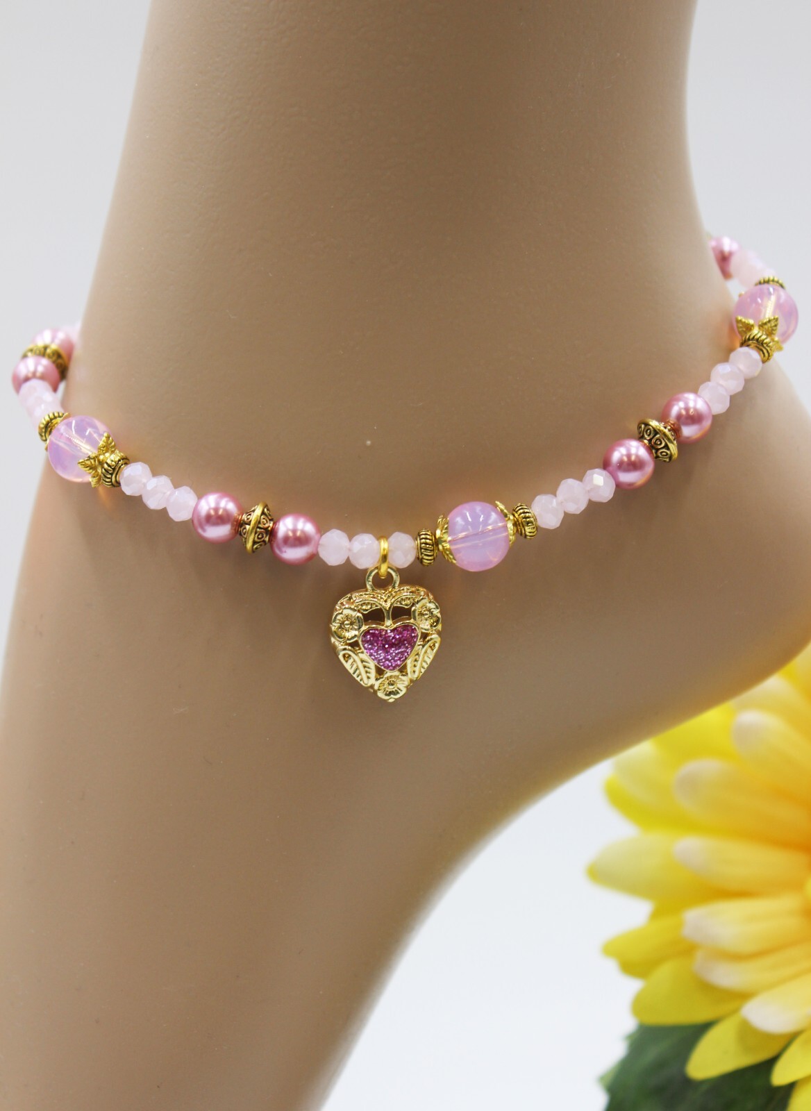 Ankle Bracelet Pink Pearl Heart Charm Princess Size M #KA100