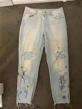 Jeans mamma Zara basic Z1975 denim lavaggio chiaro ricamato fiori taglia 10