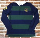 Girl Scouts Blue Green Rugby Stripe Long-Slv Polo Shirt Jrs Teen Medium 7/8 9/10