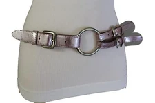 Women Silver Metal Buckles Narrow Fashion Belt Hip Waist Metallic Pink Size S M
