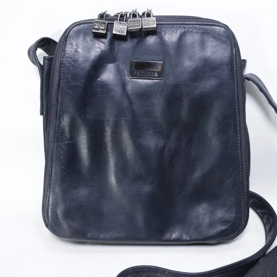 Bolso Bandolera Perlina De Colección M Azul Marino Cuero Liso Organizador Correa Ajustable Foto 2 de 4