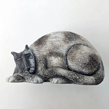Marsha McCarthy Cat Figurine Grey and Brown sleeping cat, signed