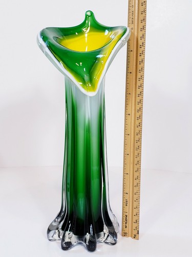 Art Glass Tulip Vase Jack In The Pulpit 11 1/2" White Green Yellow - Picture 9 of 11