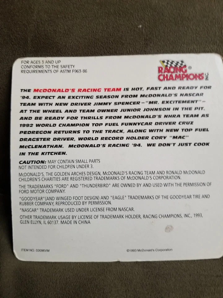 Racing Champions 1/64 1994 NASCAR #27 McDonald’s Jimmy Spencer - Image 2 of 2