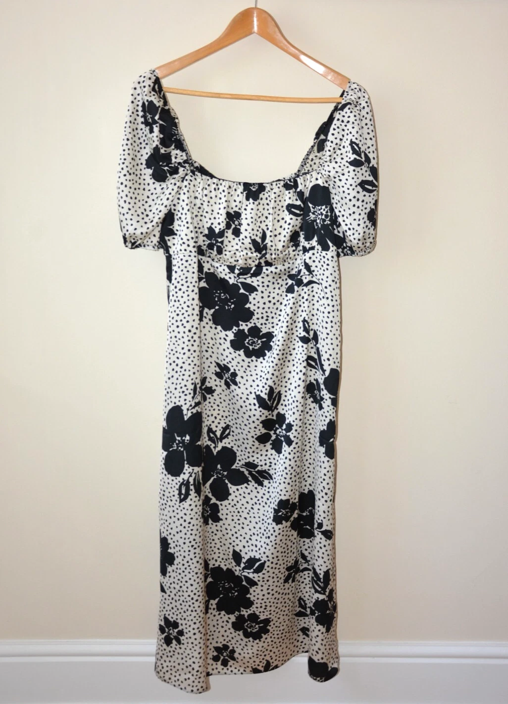 OFF WHITE ABITO MIDI DAMIGELLA EX NEW LOOK OFF WHITE+NERO STAMPA FLOREALE E CRUSCOTTO TAGLIA 10 20