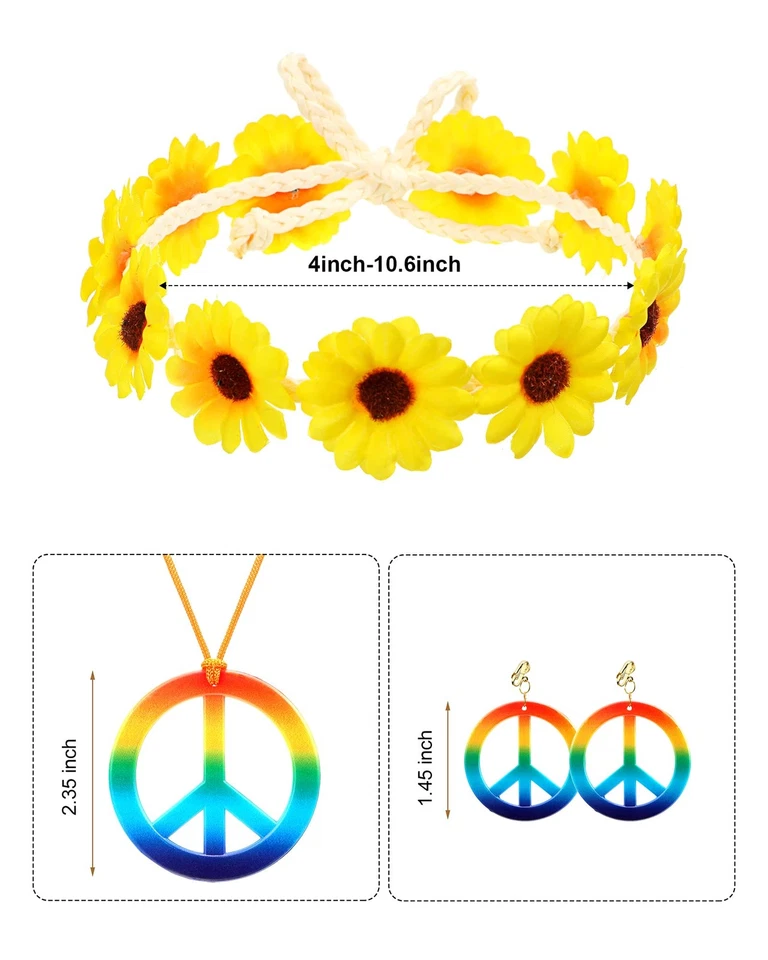 Conjunto de 5 piezas de accesorios de disfraz hippie años 60 70 trajes para mujer poncho tie dye... Foto 2 de 4