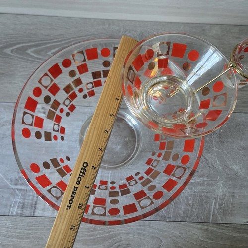 MCM Vtg Anchor Hocking Shrimp Dip 3 Tier Chip Bowl Set Geometric Red Gold 4 Pc - Picture 11 of 20