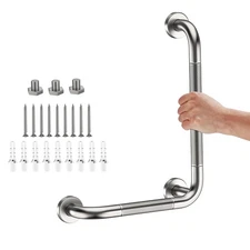 L-Shaped Angled Grab Bar 12x16 Inch Brushed Nickel Anti-slip Knurled Shower H...