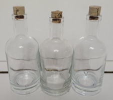 3 THICK GLASS CLEAR BOTTLES APOTHECARY WITH CORK LIDS 7 INCHES HOLDS 8 OZS