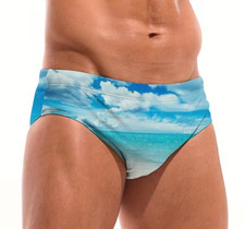 Day at the Beach Print Men's Swim Briefs w/ Drawstring. Size Large 34"-36"