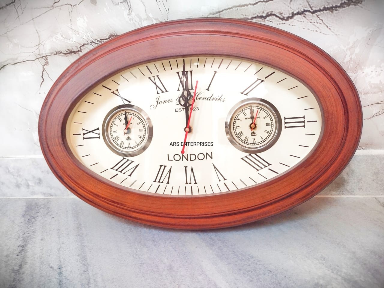 Vintage triple Time Zone Wall Clock London & Hong Kong Roman Numerals Wood Fra