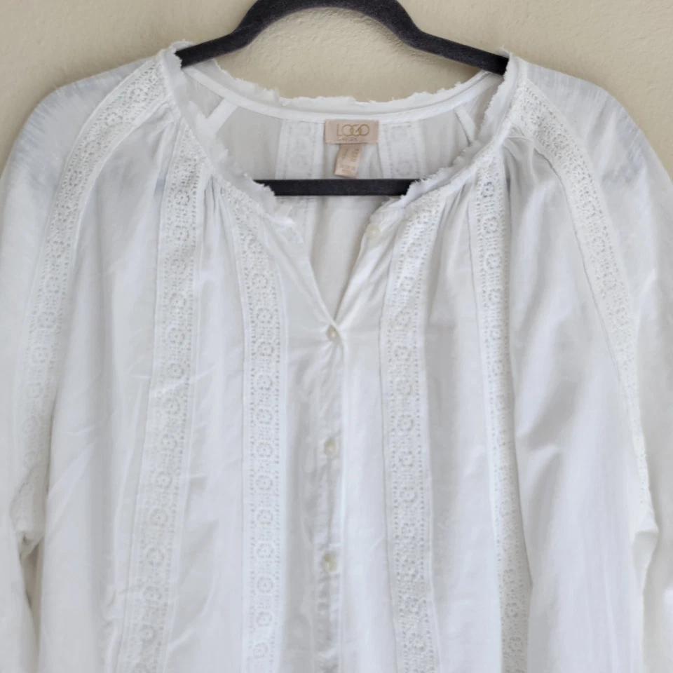LOGO Lavish by Lori Goldstein Woven Button Front Top Women's 2X Ivory Lace Trim - Image 3 of 4