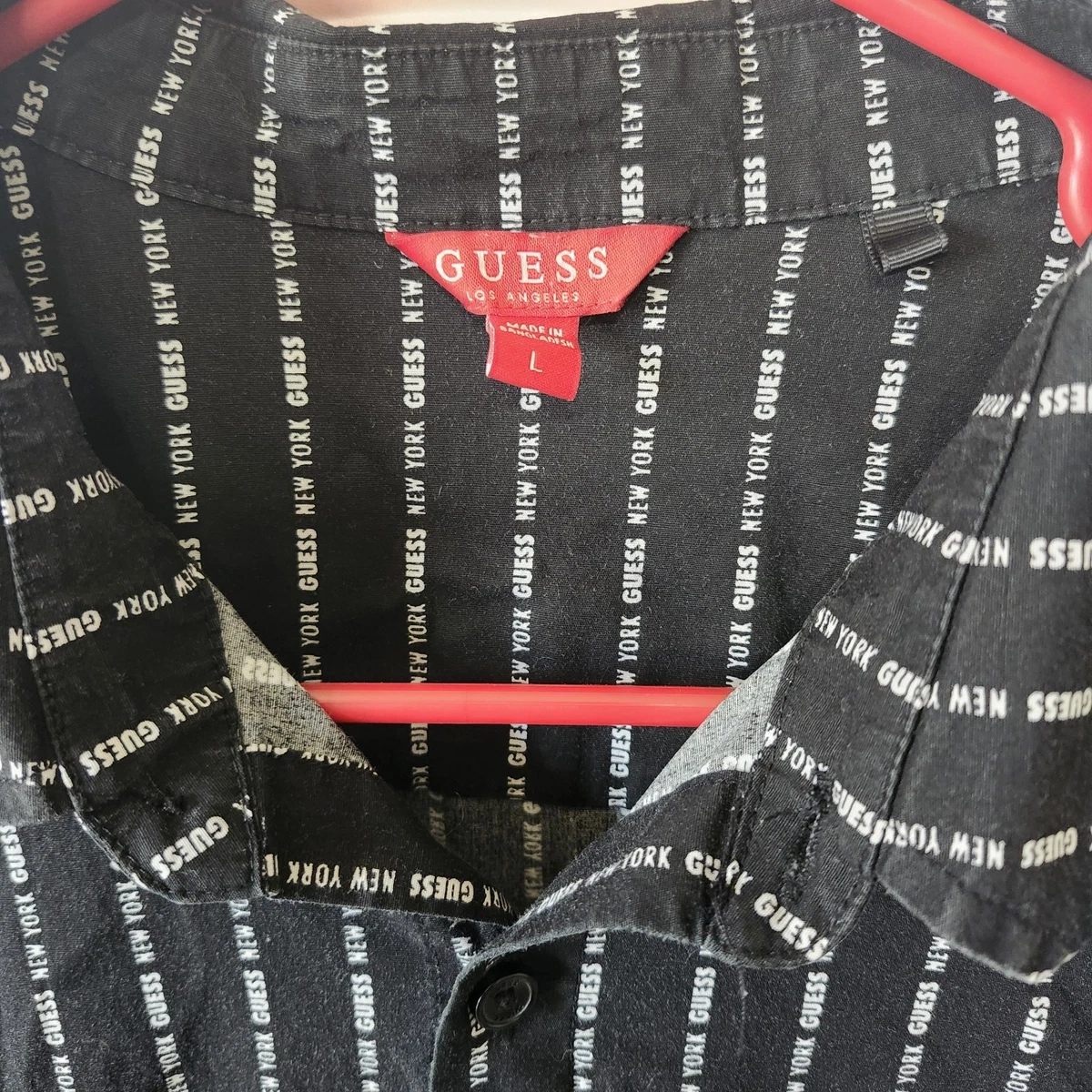 Camisa Guess Negra a Rayas Logo Para Hombre Grande Manga Corta Abotonada Preppy