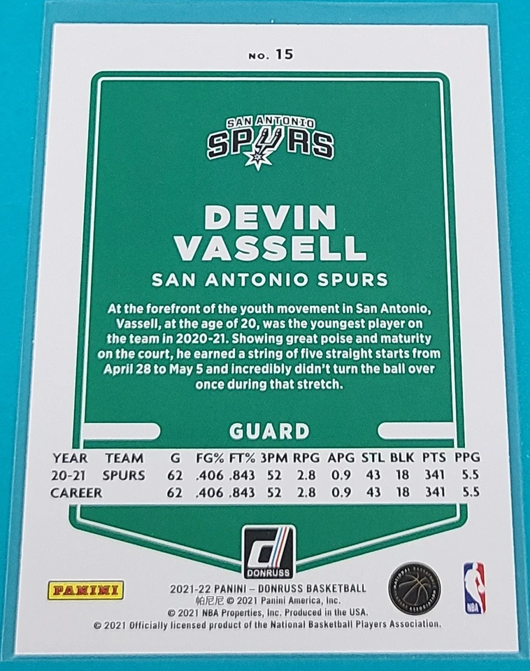 2021 Donruss #15 Devin Vassell San Antonio Spurs Basketball Card Y5 - Image 2 of 2