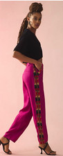 FARM Rio Purple Linen Pleated Pants Women’s Size S Beaded Side Panels Pockets