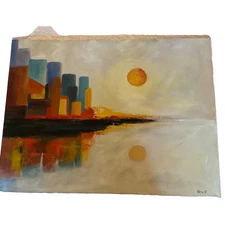 abstract original hand painted PAINTING cityscape landscape modernist signed