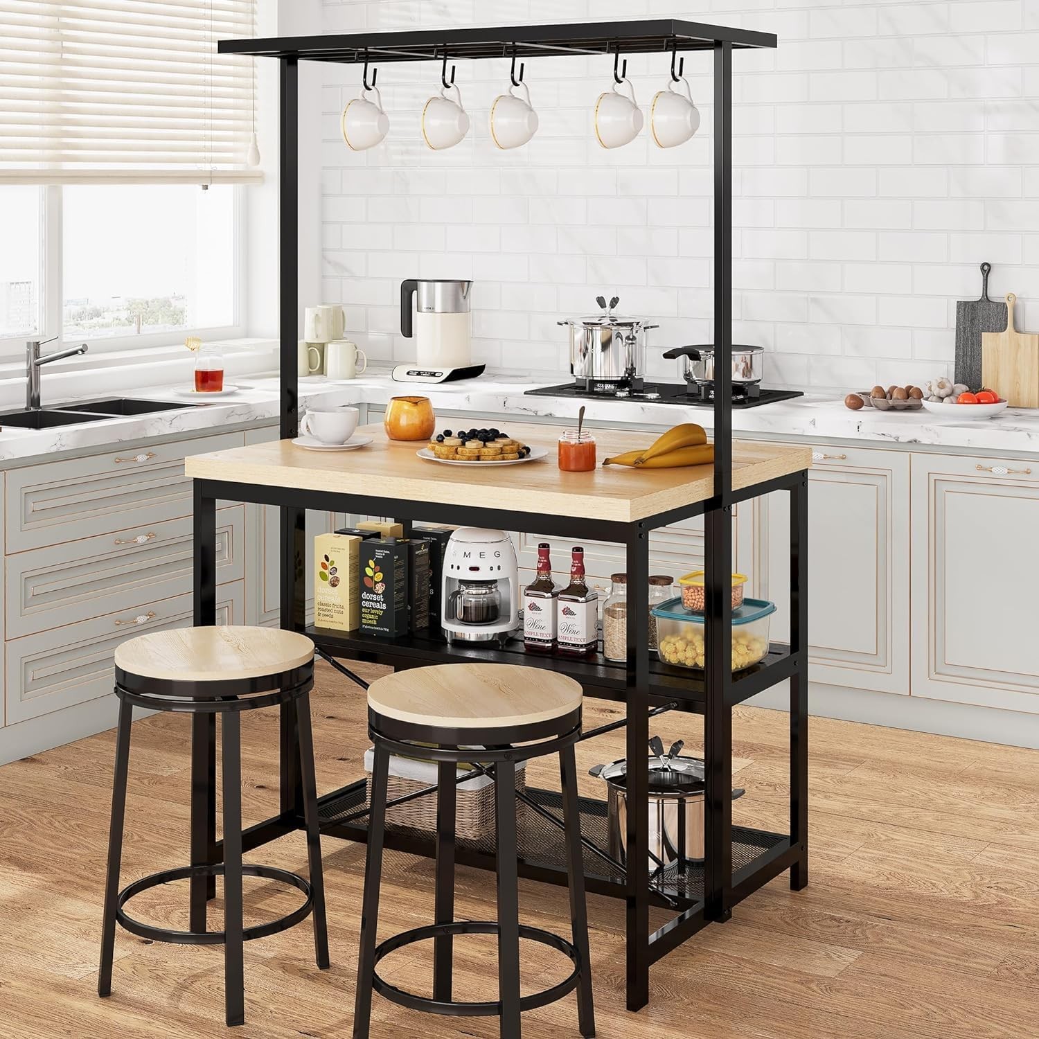 Multi-Functional 42" Bakers Rack Kitchen Island Table with Open Storage & Hooks