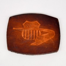 Vintage Union Pacific Railroad Tooled Leather Belt Buckle Patch Steam Locomotive