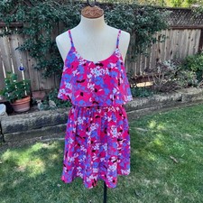 Elle Pink Wildflower Floral Print Tiered Ruffle Summer Dress Women's Size S