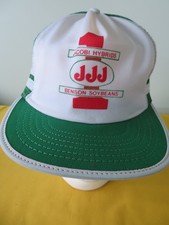 Vtg JJJ Farmer 3 Stripe Trucker Hat Jacobi Hybrids Benson Beans Made in USA