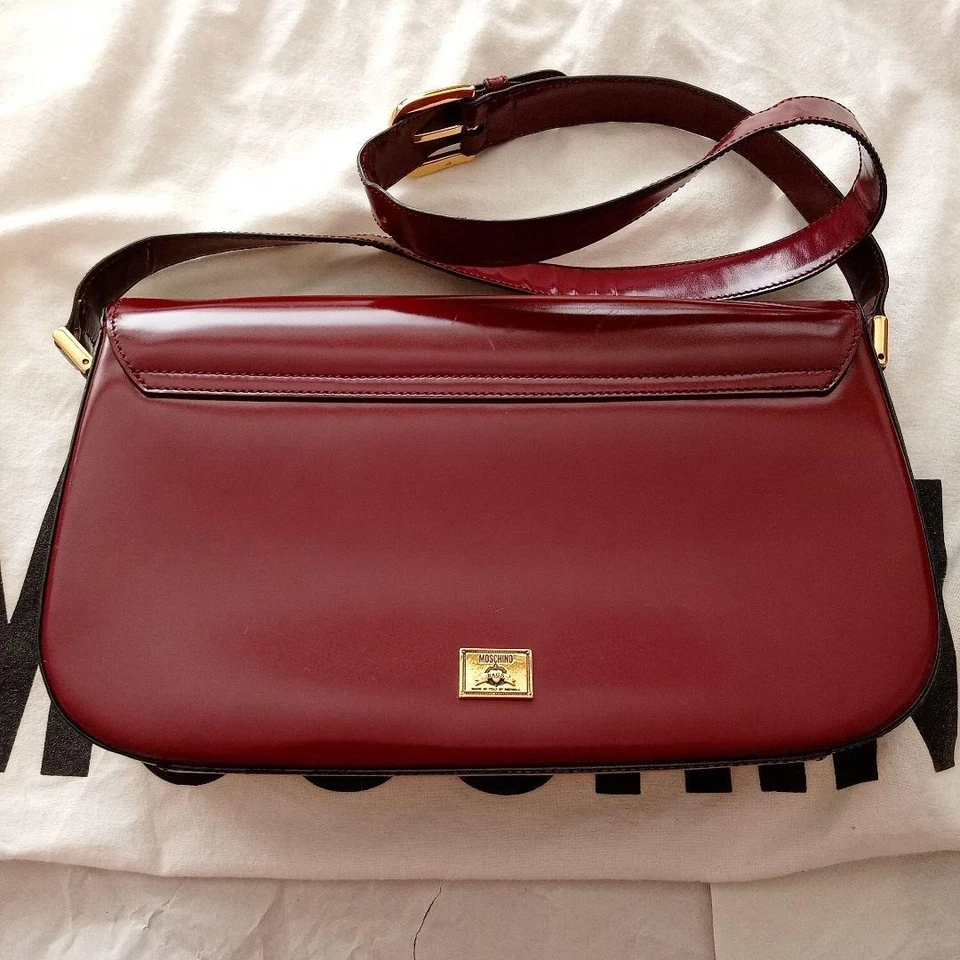 Bolso de Hombro MOSCHINO Redwall Vintage Cuero Burdeos Cierre con Logo Raro #0704 Foto 2 de 4