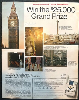 1968 Parliament Cigarette London Sweepstakes Print Ad - Big Ben Beefeaters  60s