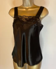 Vintage WONDER MAID Black CAMISOLE Small 32 Liquid Satin LACE TRIM Bodice Top