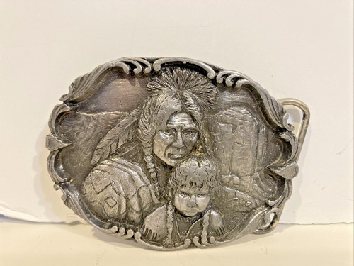1989 Pewter Belt Buckle Artaffects Cheyenne Warrior & Child Perillo Numbered