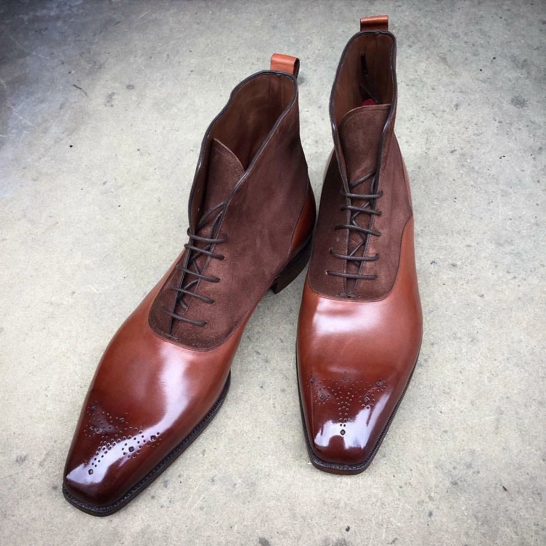 Handmade Mens Brogue ankle lace up boot Men brown leather ankle