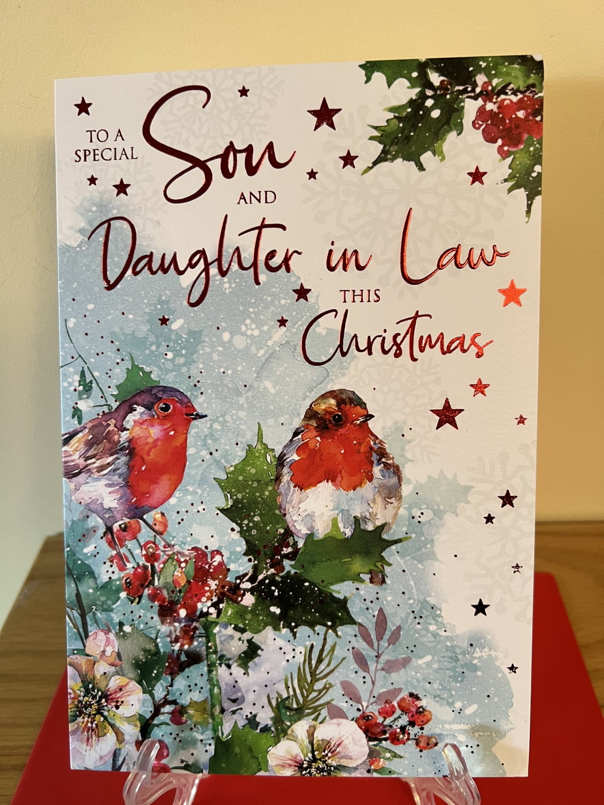 Christmas Card Son & Daughter-In-Law- Foil Finish Cherry Orchard 6"" x 9""