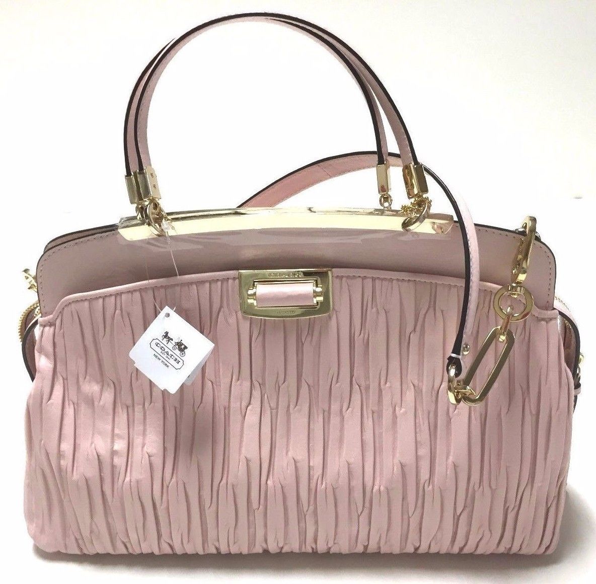 バッグ COACH Madison Gathered 2Way Handbag Pink NWT COACH Madison Gathered Leather Andie Satchel Light Gold
