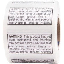 Not Pasteurized Warning Labels | 0.75" x 1.5" Inch Rectangle | 500 Per Roll