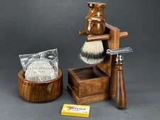 WOOD SAFETY RAZOR BRUSH BOWL SHAVING SET FOR MEN WET SHAVE KIT HOLIDAY GIFT XMAS