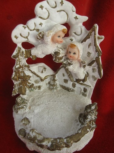 Vintage Christmas Tea Light Holder Snow Angels Village Gold Trimmed Figurine - Picture 5 of 10