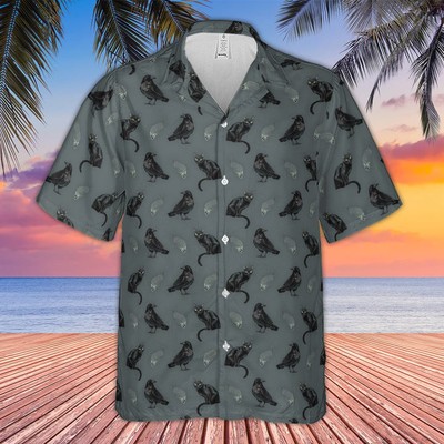 Cat And Raven Edgar Allan Poe Pattern   Hawaiian Shirt