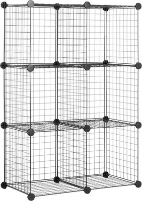 6 Storage Shelves with 6 Cube Wire Grid Stackable Cubes Black 14'' Dx14''Wx 14'' H