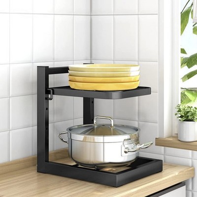 2 Tier Adjustable Pots and Pans Organizer, Pot Holder Rack Under Sink for Cab...