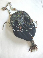 Vintage Art Deco Micro Beaded Drawstring Reticule Purse handmade black tussle