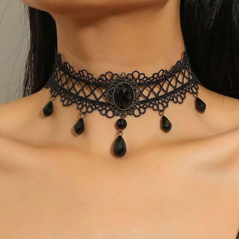 Vintage Black Lace Flower Choker Necklace Crystal Tassel Beaded Chain Gift