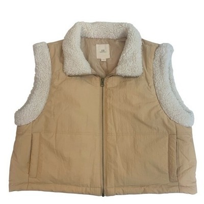 Thread +Supply Woman Lg Tan/Cream Puffer Cabincore Neutral Sherpa-Lined Vest