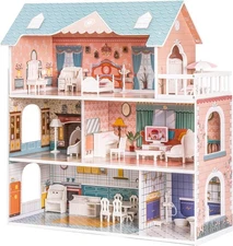 wooden dollhouse for kids girls, toy gift for 3 4 5 6 years old, with furniture