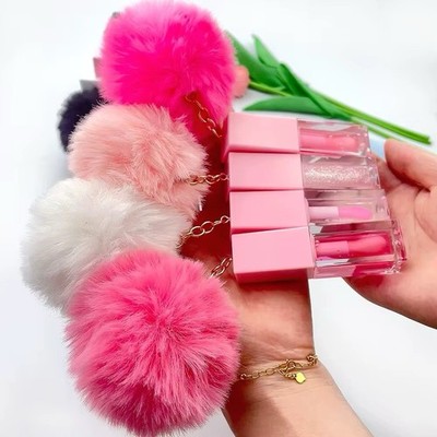 Liquid Lip Gloss Pom Pom Keychain, Pink/Clear Shades, Glitter Effect