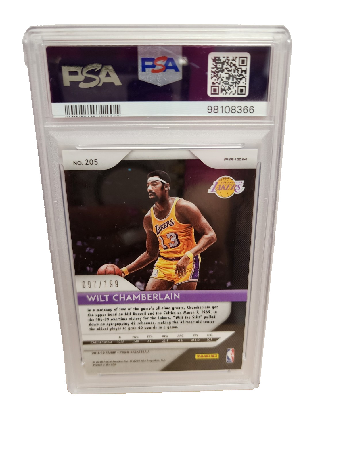 2018 PANINI PRIZM BLUE PRIZM #205 WILT CHAMBERLAIN LAKERS PSA 10 LOW POP view 2