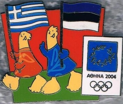Rare 2004 Athens Mascots with EU Flags Estonia Olympic Games Mark Pin